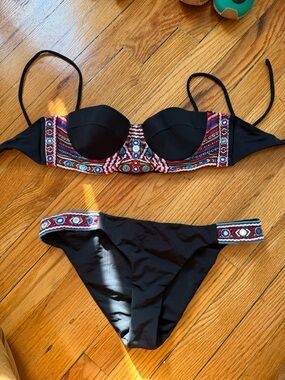 Mara Hoffman Black Bikini with Multicolor Beaded mirror Trim top is M bottoms L